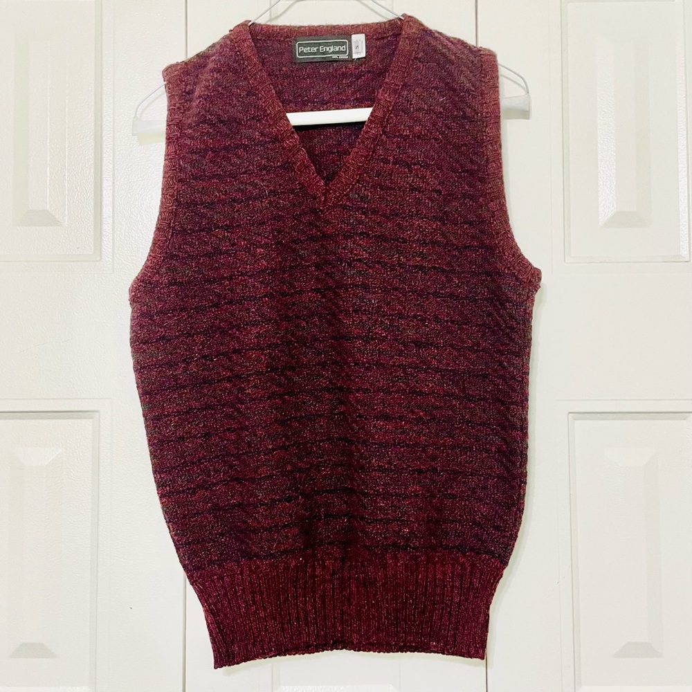 Vintage Peter England Burgundy, Green & Black Wool & Acrylic Knit V-neck Vest S